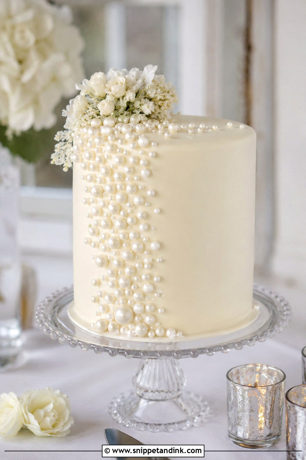 1 Tier Pearl Wedding Cake With Cascade - Snippet and Ink - 20 1 Tier Pearl Wedding Cake Ideas