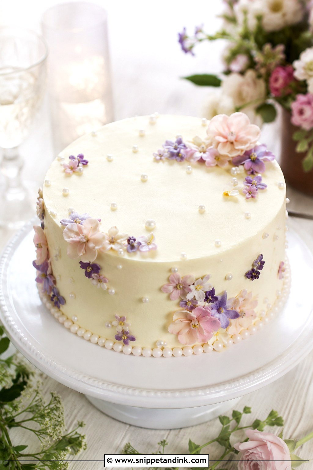 1 Tier Pearl Wedding Cake With Edible Flowers - Snippet and Ink - 20 1 Tier Pearl Wedding Cake Ideas