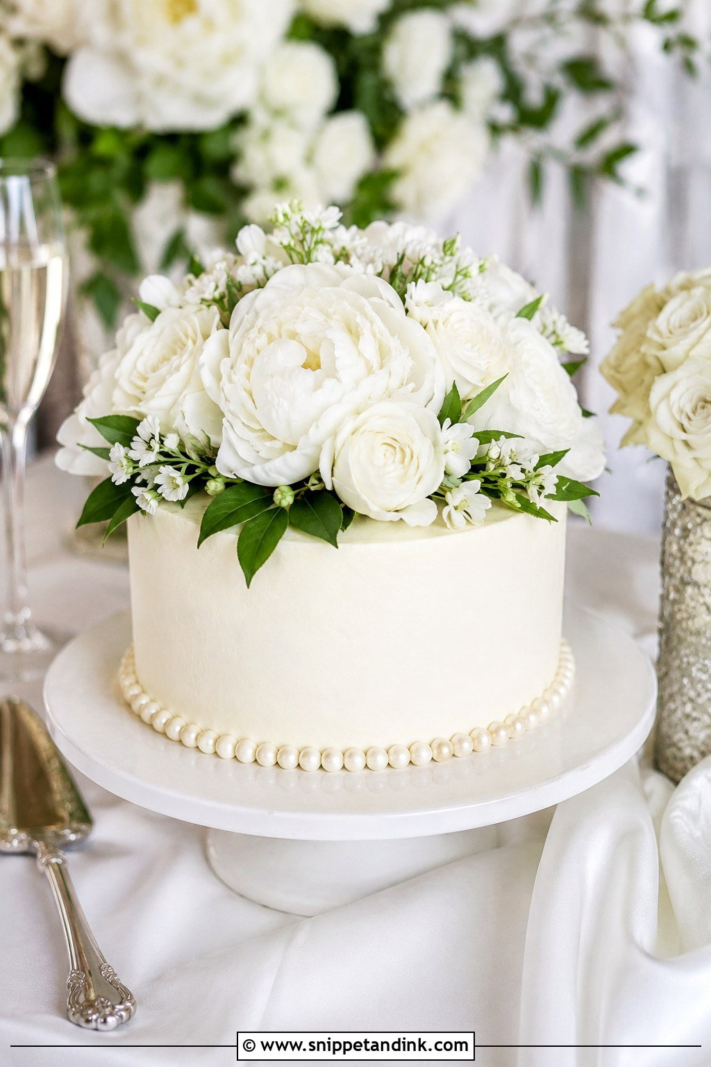 1 Tier Pearl Wedding Cake With Floral Topper - Snippet and Ink - 20 1 Tier Pearl Wedding Cake Ideas