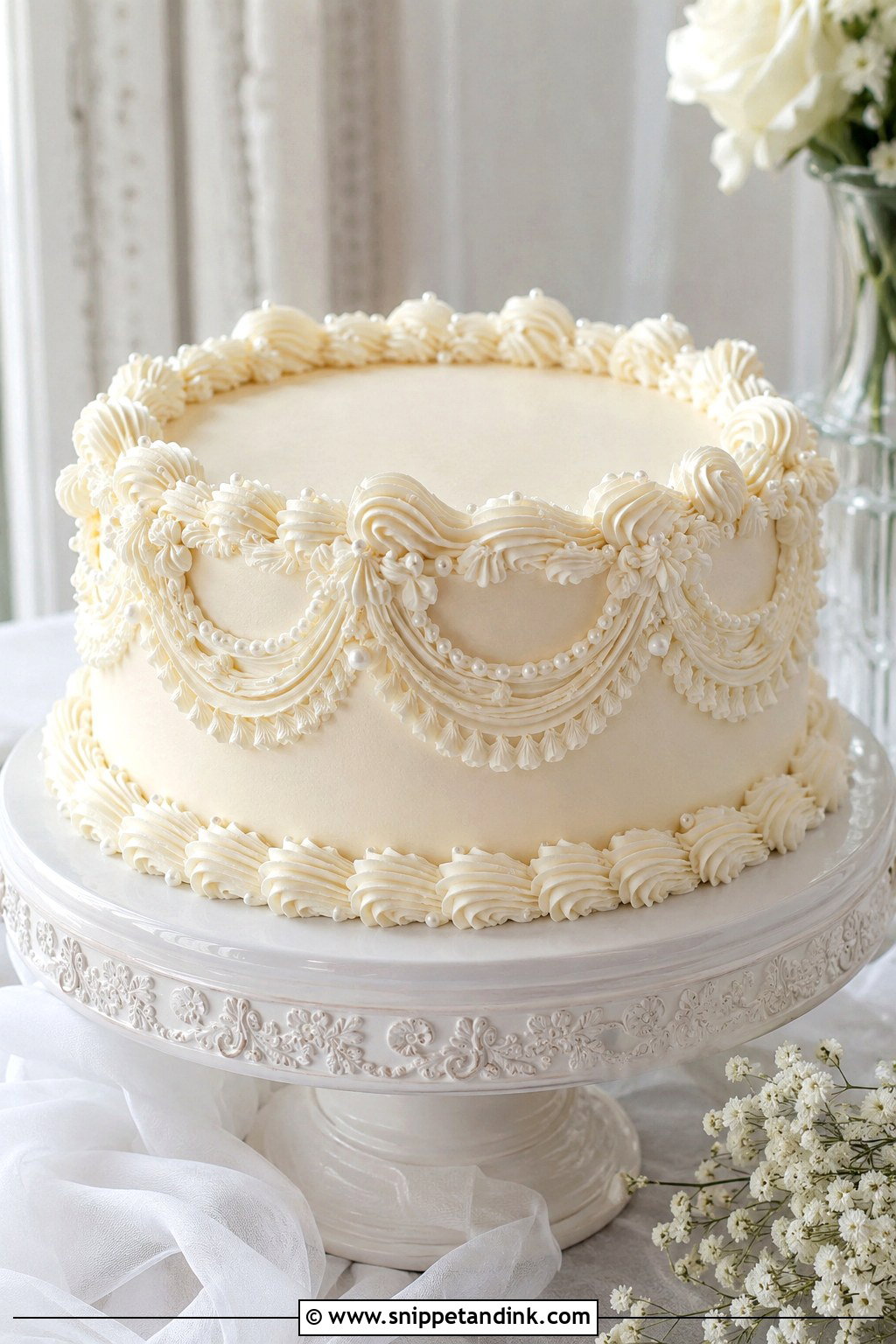 1 Tier Pearl Wedding Cake With Vintage Piping - Snippet and Ink - 20 1 Tier Pearl Wedding Cake Ideas