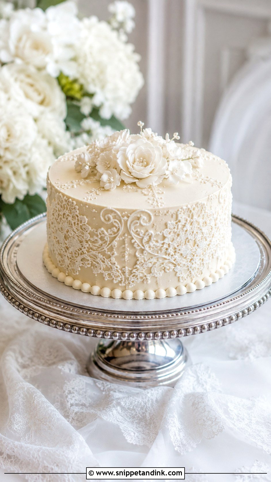 1 Tier Wedding Cake With Lace Piping - Snippet and Ink - 20 1 Tier Wedding Cake Ideas