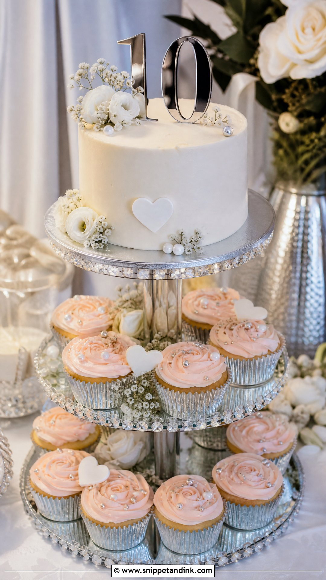 10 Year Anniversary Cake With Cupcake Tower - Snippet and Ink - 25 10 Year Anniversary Cake Ideas