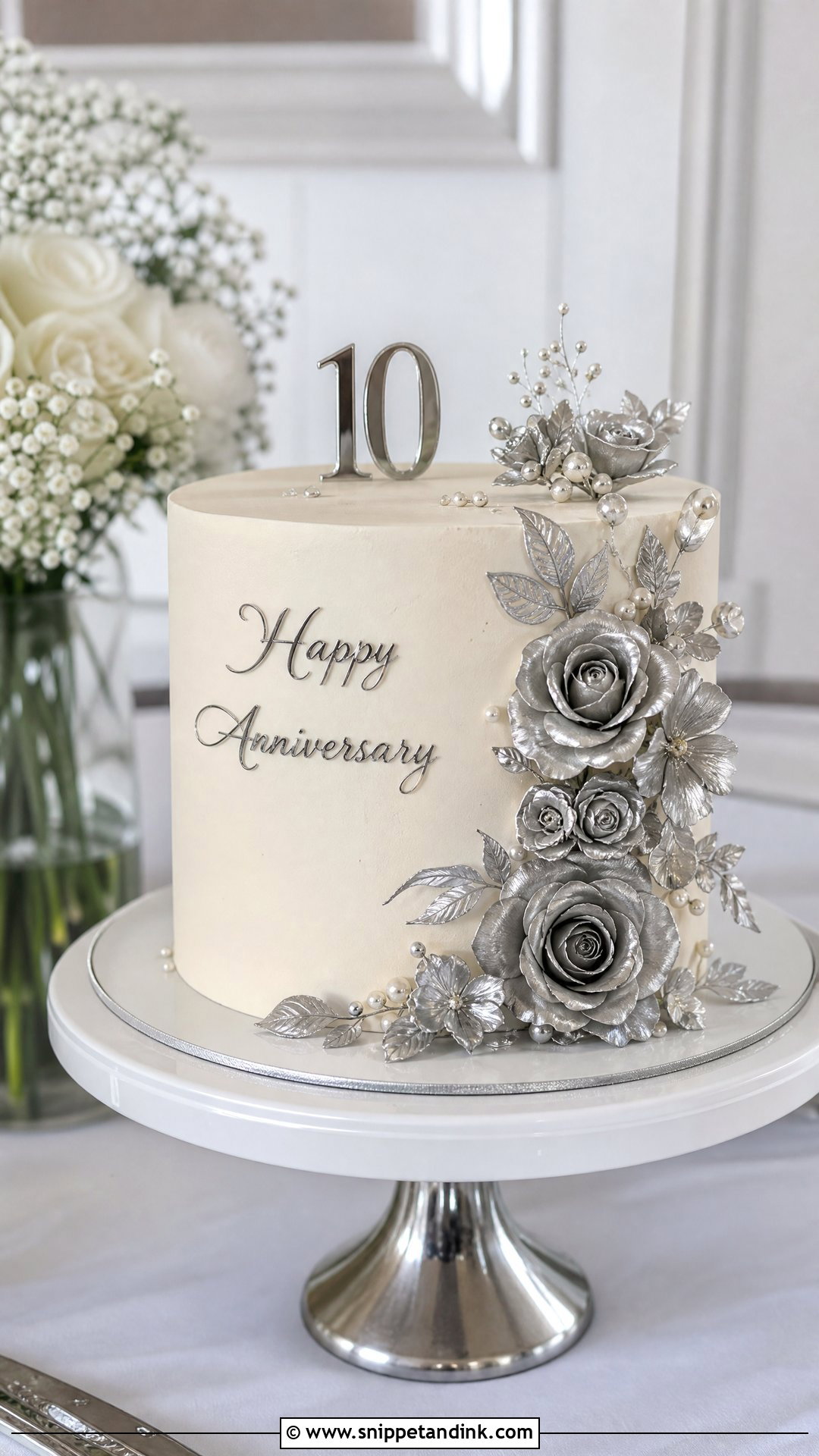 10 Year Anniversary Cake With Metallic Flowers - Snippet and Ink - 25 10 Year Anniversary Cake Ideas