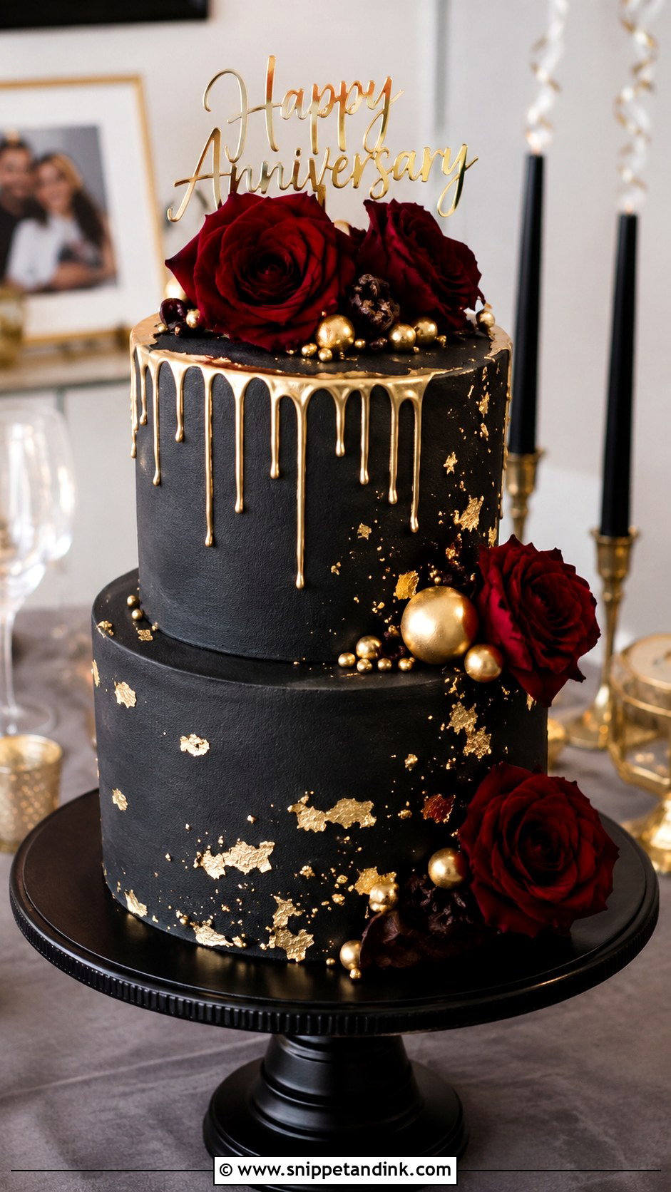 2 Tier Anniversary Cake With Black And Gold - Snippet and Ink - 20 2 Tier Anniversary Cake Ideas