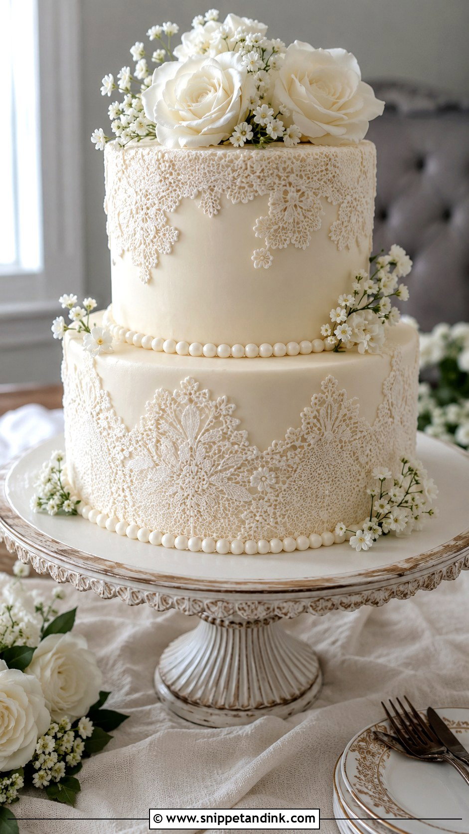 2 Tier Anniversary Cake With Lace Details - Snippet and Ink - 20 2 Tier Anniversary Cake Ideas