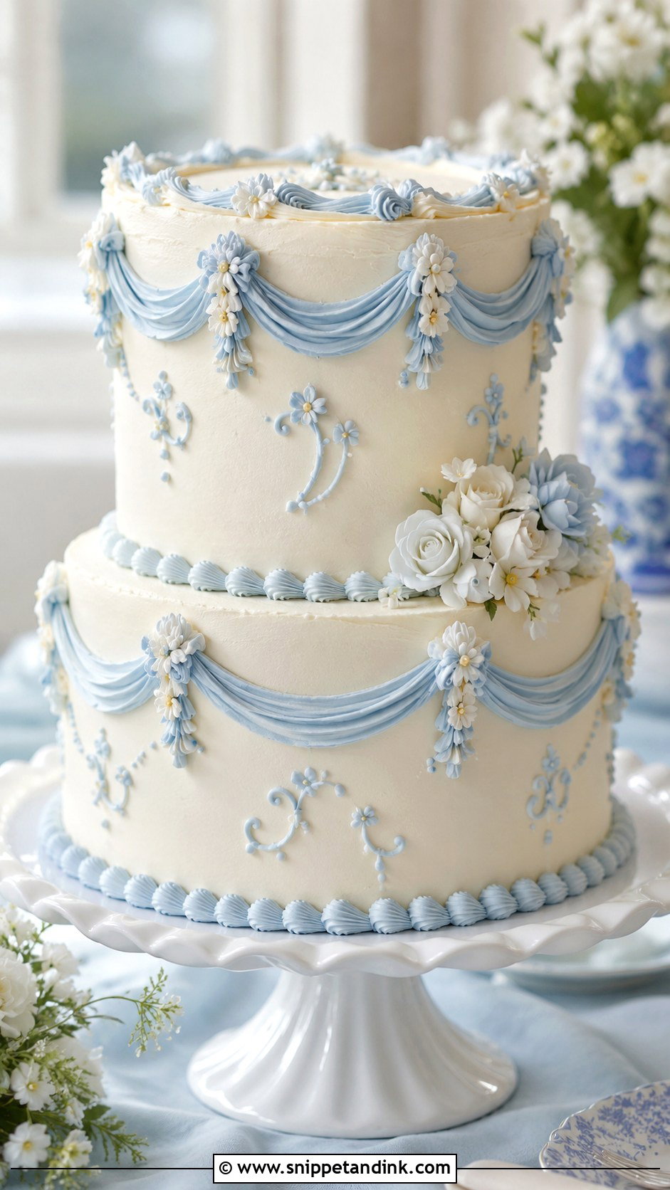 2 Tier Buttercream Wedding Cake With Baby Blue Piping - Snippet and Ink - 20 2 Tier Buttercream Wedding Cake Ideas