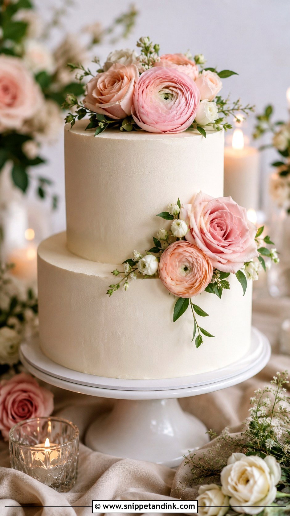 2 Tier Buttercream Wedding Cake With Blush Flowers - Snippet and Ink - 20 2 Tier Buttercream Wedding Cake Ideas
