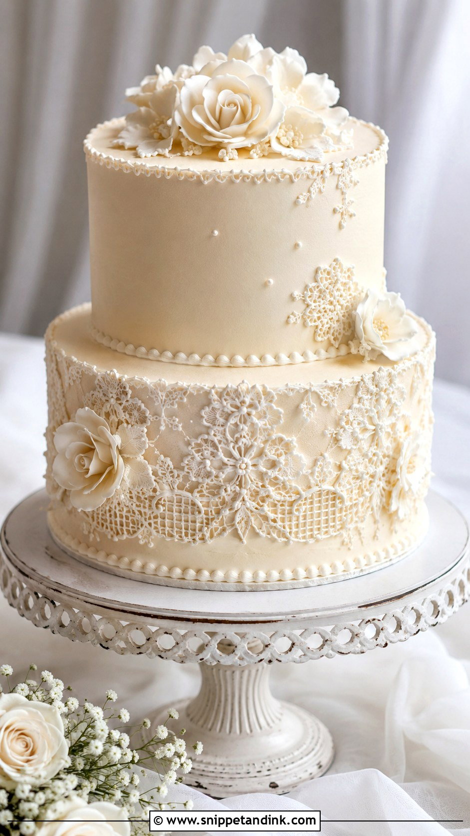 2 Tier Buttercream Wedding Cake With Lace Piping - Snippet and Ink - 20 2 Tier Buttercream Wedding Cake Ideas