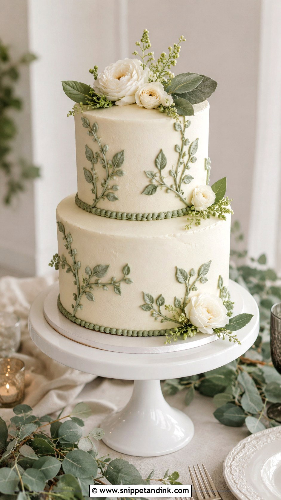 2 Tier Buttercream Wedding Cake With Sage Green Details - Snippet and Ink - 20 2 Tier Buttercream Wedding Cake Ideas