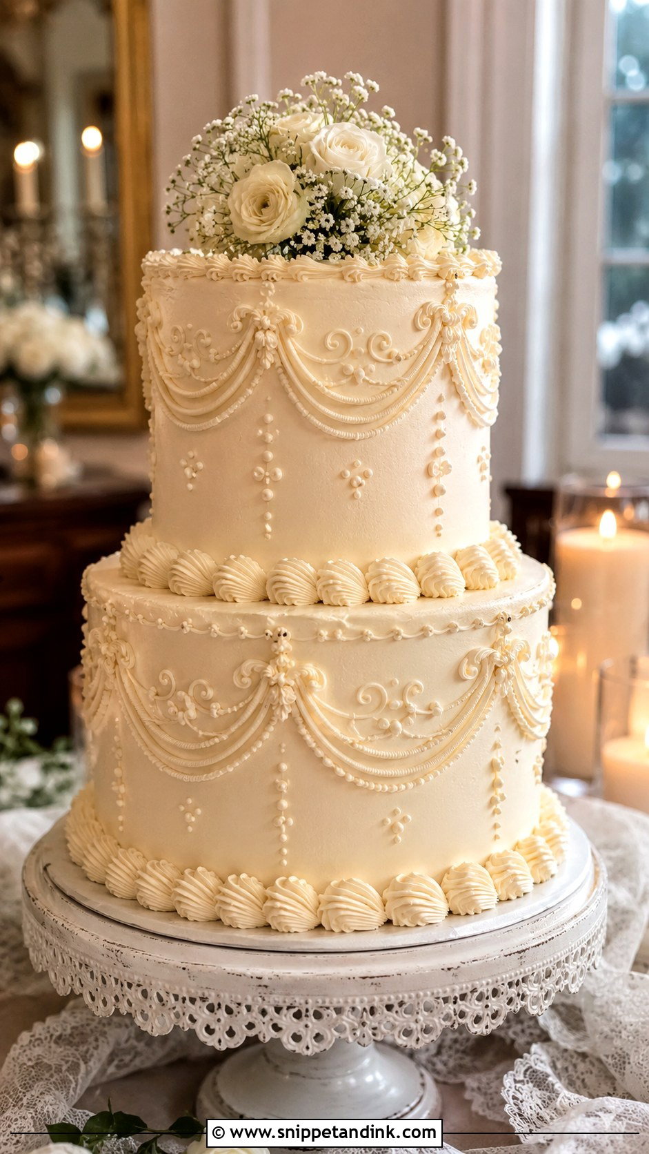 2 Tier Buttercream Wedding Cake With Vintage Piping - Snippet and Ink - 20 2 Tier Buttercream Wedding Cake Ideas