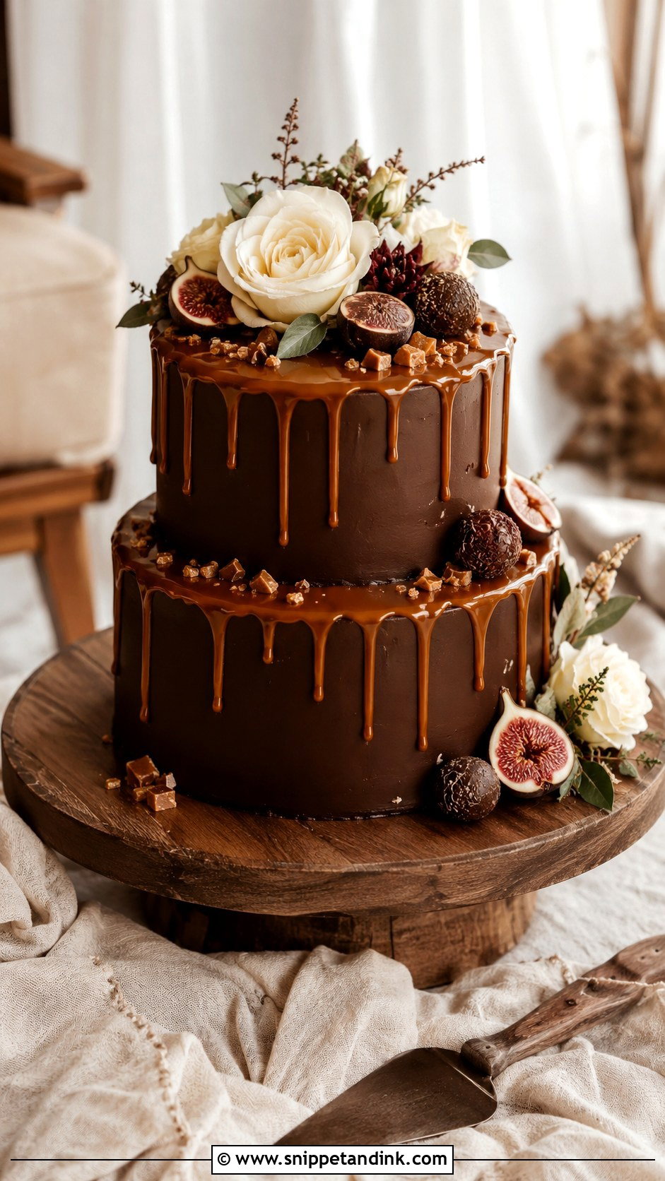 2 Tier Chocolate Wedding Cake With Caramel Drip - Snippet and Ink - 20 2 Tier Chocolate Cake Decoration Ideas for Wedding