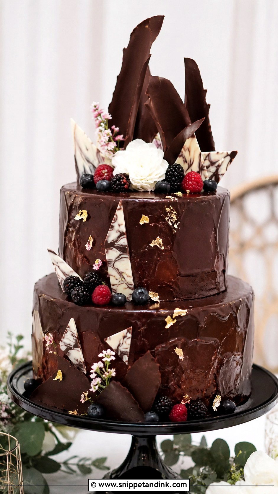 2 Tier Chocolate Wedding Cake With Chocolate Shards - Snippet and Ink - 20 2 Tier Chocolate Cake Decoration Ideas for Wedding