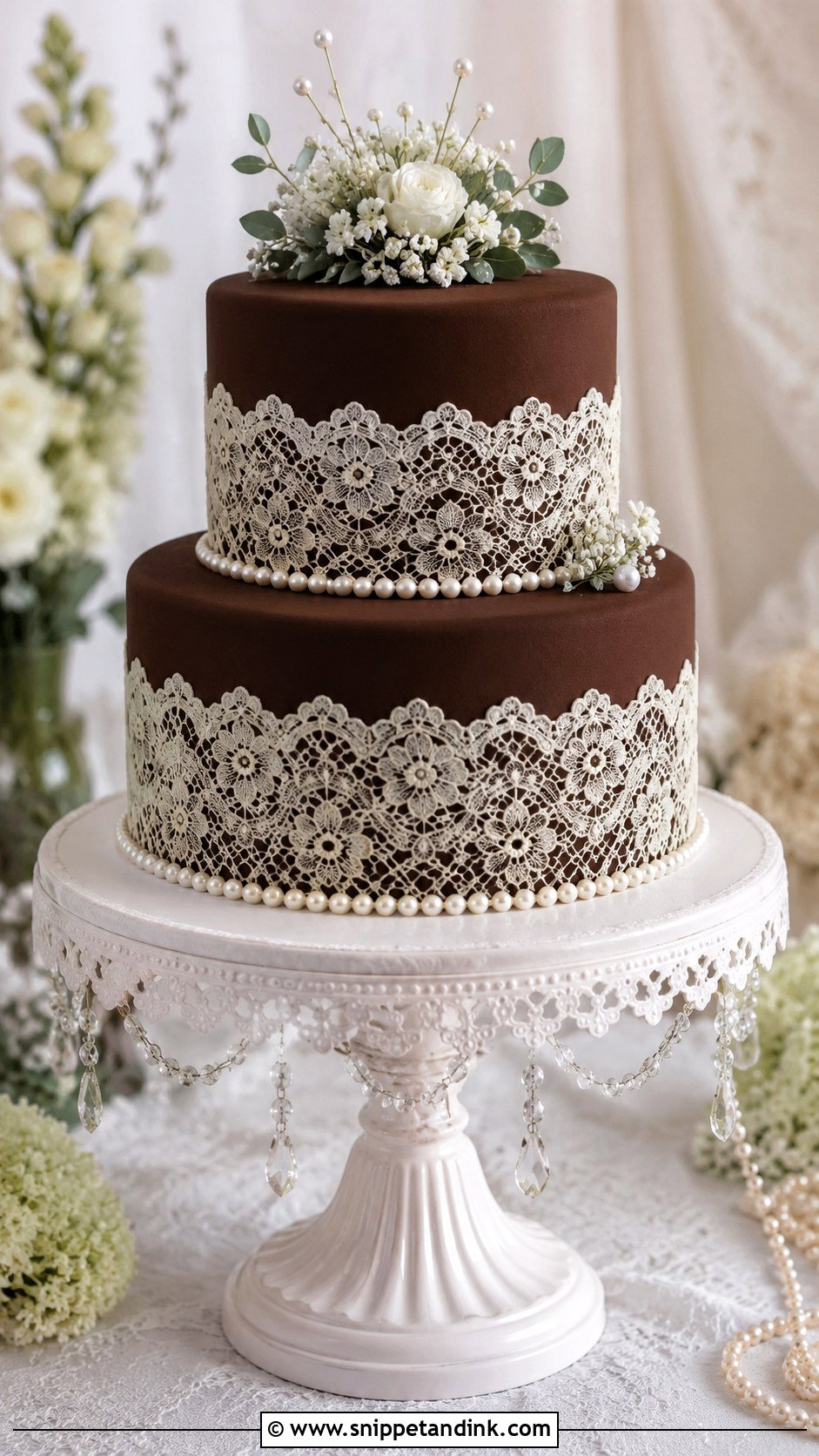 2 Tier Chocolate Wedding Cake With Edible Lace - Snippet and Ink - 20 2 Tier Chocolate Cake Decoration Ideas for Wedding