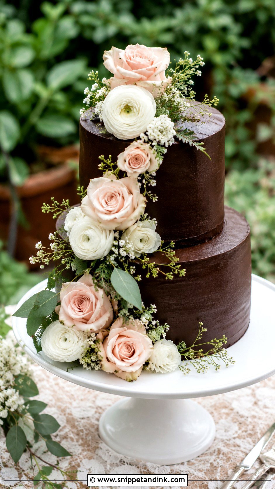 2 Tier Chocolate Wedding Cake With Fresh Flowers - Snippet and Ink - 20 2 Tier Chocolate Cake Decoration Ideas for Wedding