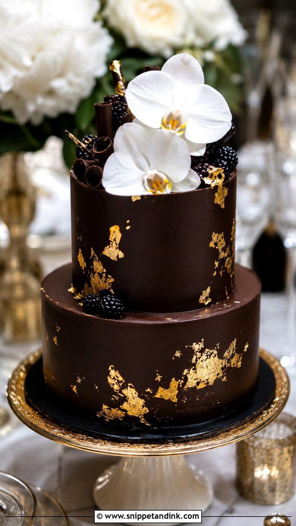 2 Tier Chocolate Wedding Cake With Gold Leaf - Snippet and Ink - 20 2 Tier Chocolate Cake Decoration Ideas for Wedding