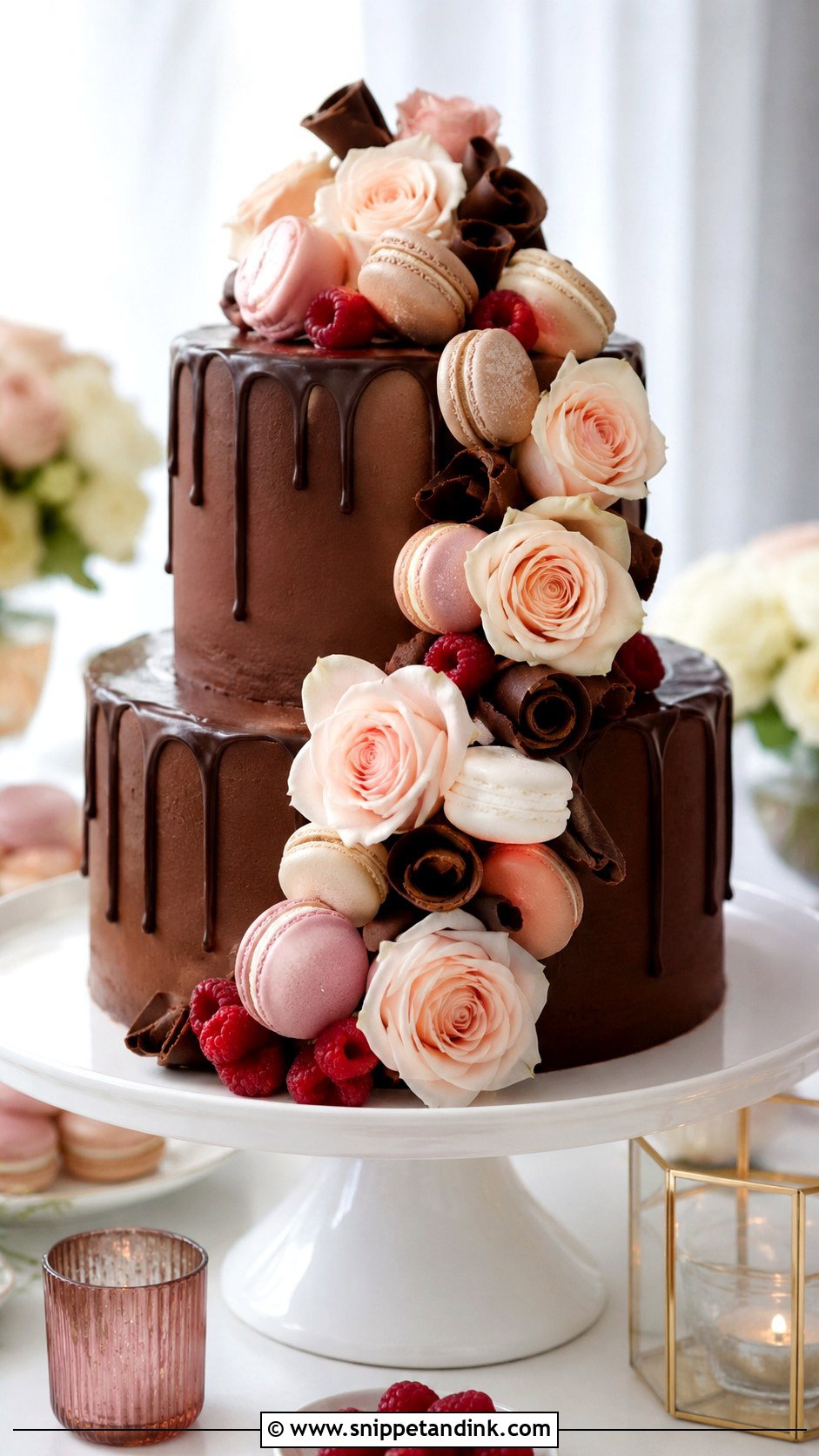2 Tier Chocolate Wedding Cake With Macarons - Snippet and Ink - 20 2 Tier Chocolate Cake Decoration Ideas for Wedding