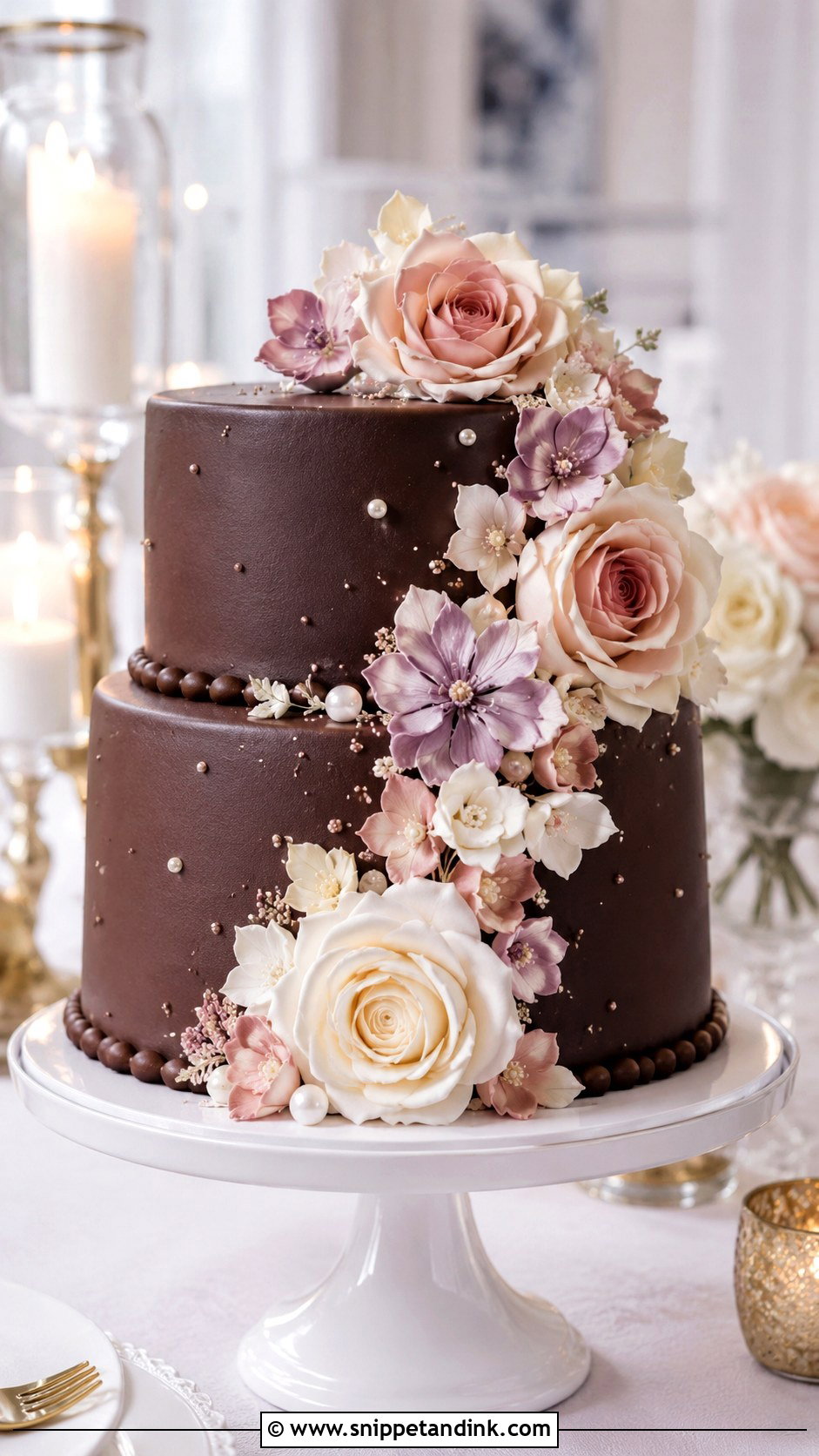 2 Tier Chocolate Wedding Cake With Sugar Flowers - Snippet and Ink - 20 2 Tier Chocolate Cake Decoration Ideas for Wedding