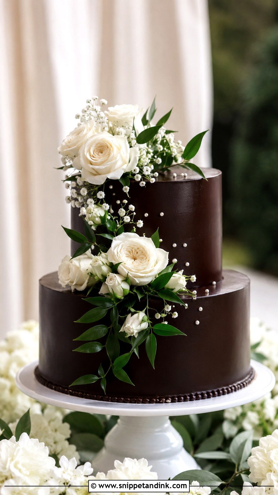 2 Tier Chocolate Wedding Cake With White Roses - Snippet and Ink - 20 2 Tier Chocolate Cake Decoration Ideas for Wedding
