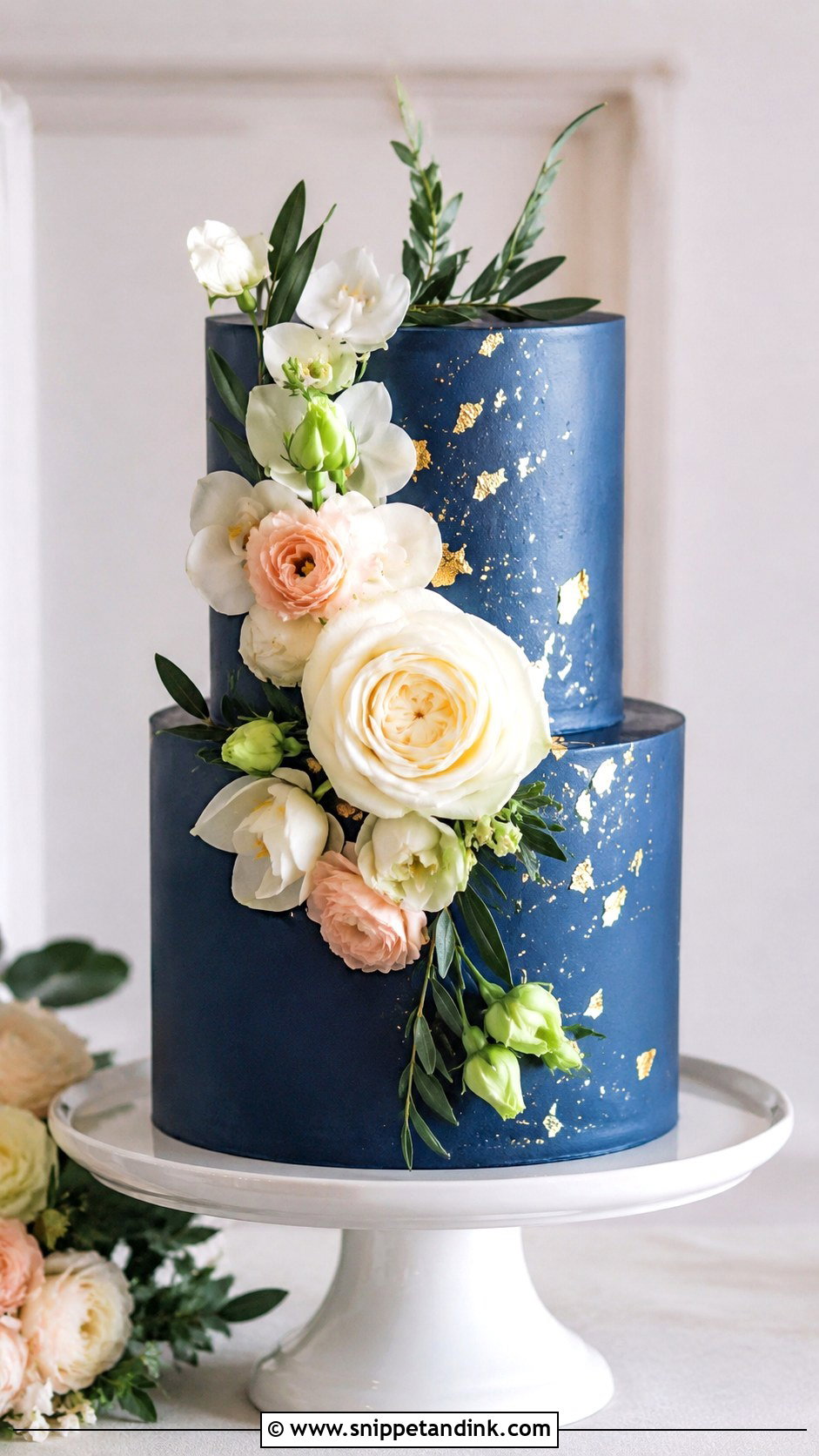 2 Tier Navy Blue And Gold Floral Wedding Cake - Snippet and Ink - 20 2 Tier Navy Blue and Gold Wedding Cake Ideas