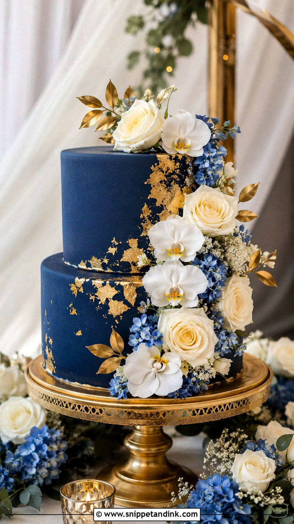 2 Tier Navy Blue And Gold Flower Cascade Wedding Cake - Snippet and Ink - 20 2 Tier Navy Blue and Gold Wedding Cake Ideas