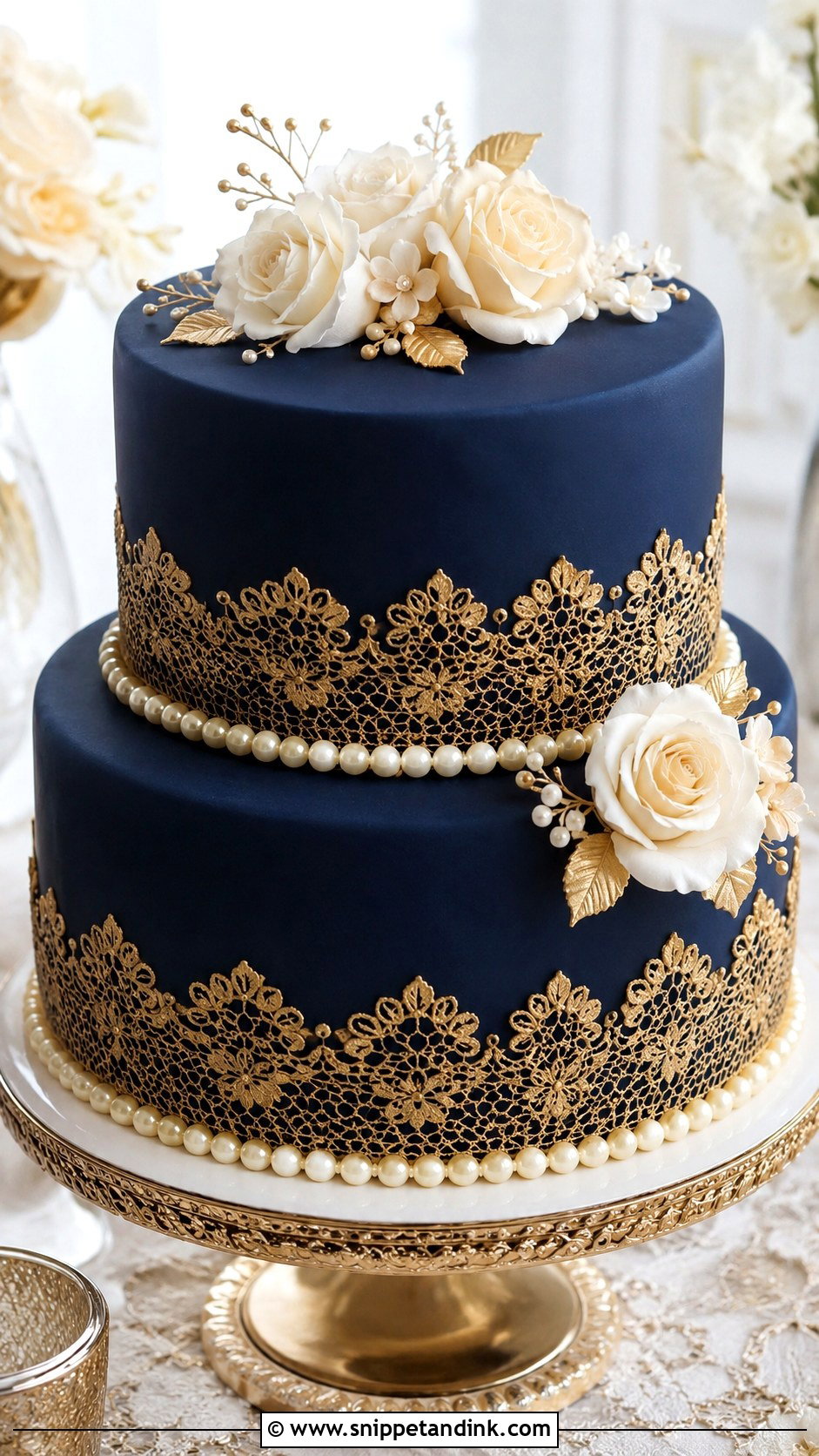 2 Tier Navy Blue And Gold Lace Wedding Cake - Snippet and Ink - 20 2 Tier Navy Blue and Gold Wedding Cake Ideas