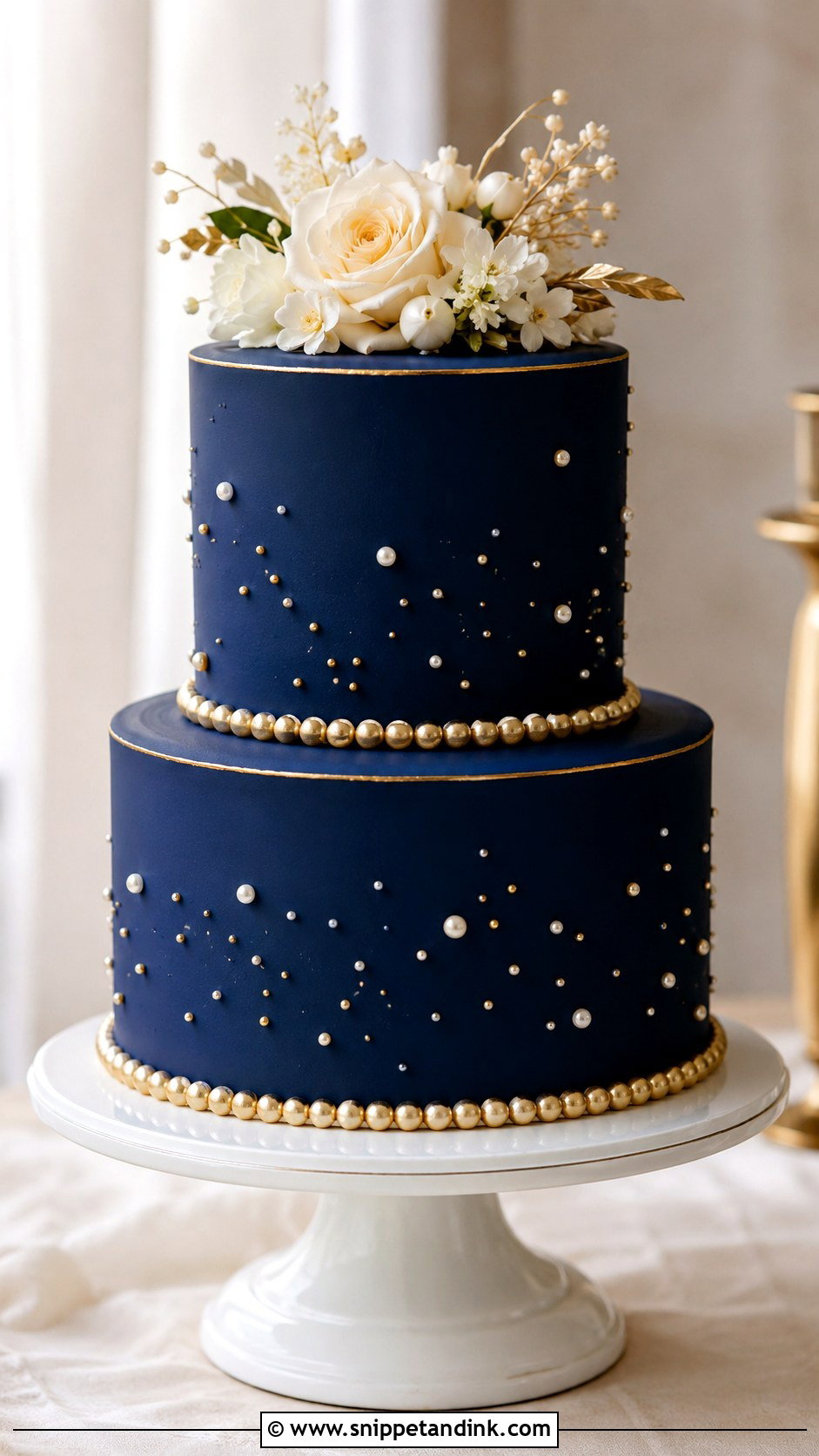 2 Tier Navy Blue And Gold Pearl Wedding Cake - Snippet and Ink - 20 2 Tier Navy Blue and Gold Wedding Cake Ideas