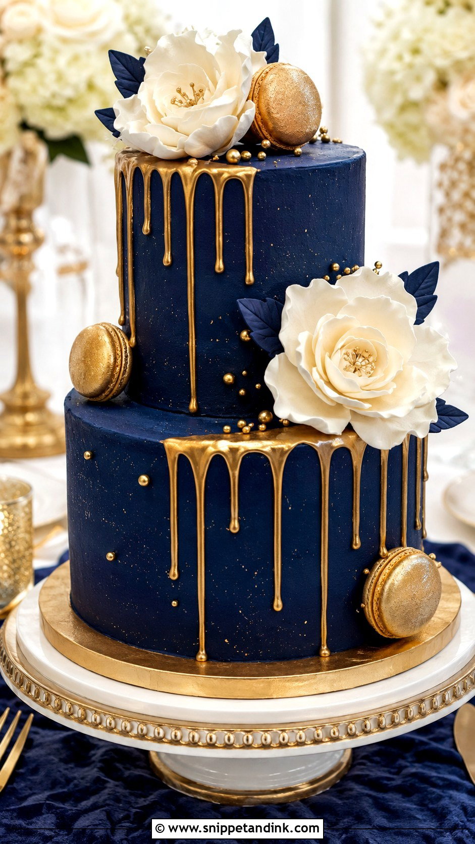 2 Tier Navy Blue Gold Drip Wedding Cake - Snippet and Ink - 20 2 Tier Navy Blue and Gold Wedding Cake Ideas