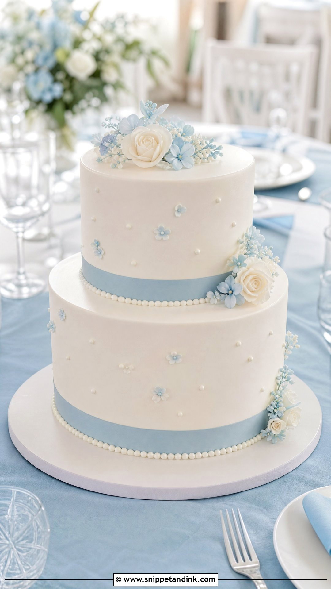 2 Tier Wedding Cake With Baby Blue Accents - Snippet and Ink - 20 Simple Classy 2 Tier Wedding Cake Ideas