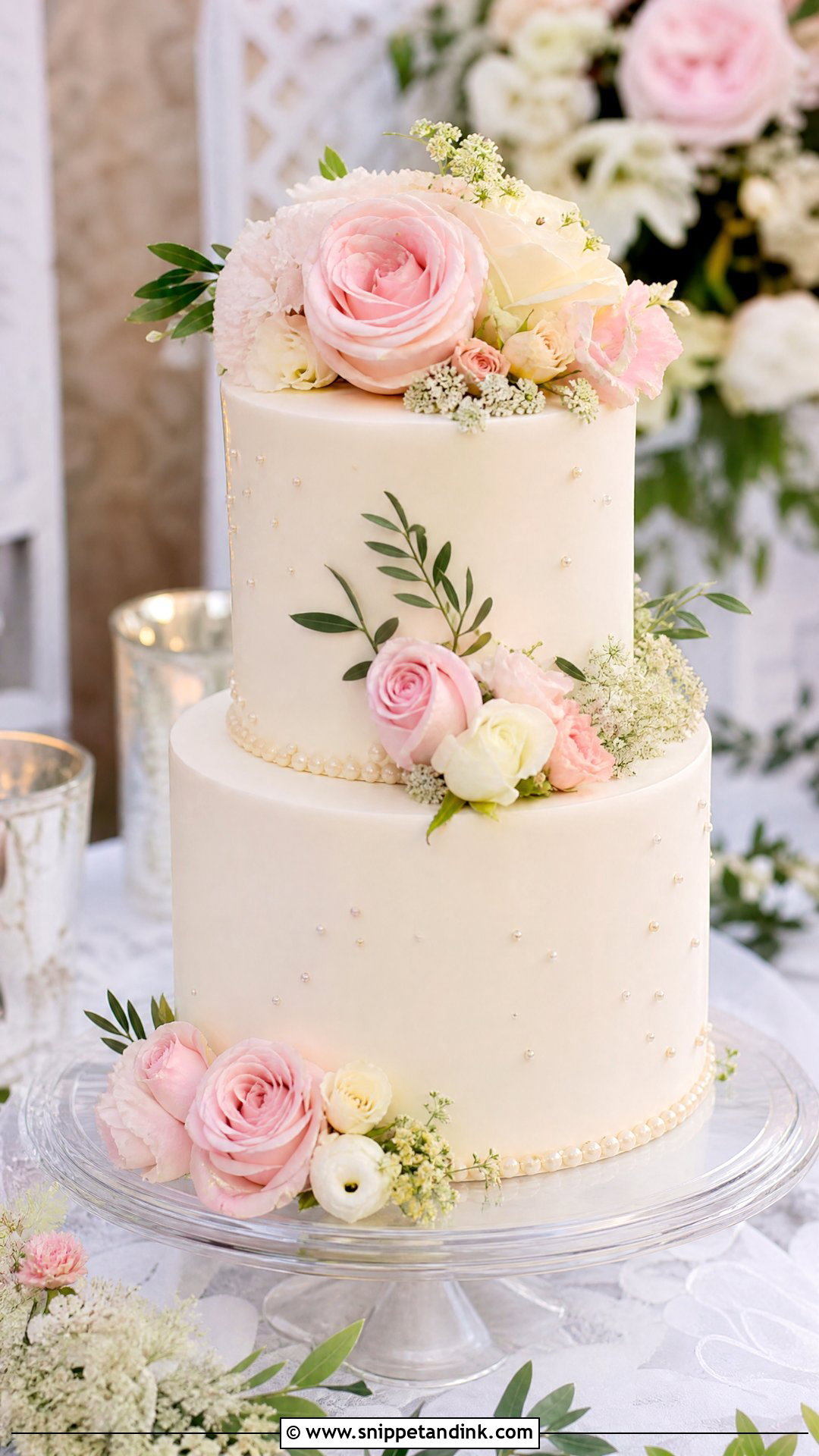 2 Tier Wedding Cake With Blush Flowers - Snippet and Ink - 20 Simple Classy 2 Tier Wedding Cake Ideas