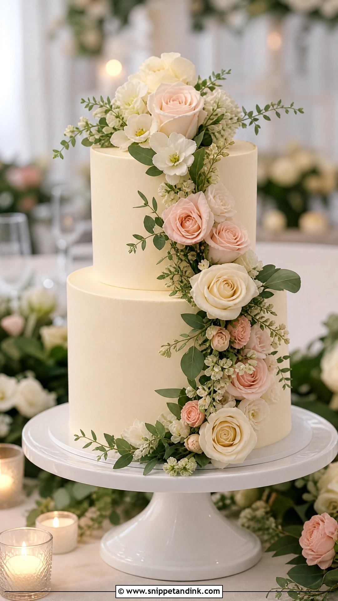 2 Tier Wedding Cake With Floral Cascade - Snippet and Ink - 20 Simple Classy 2 Tier Wedding Cake Ideas