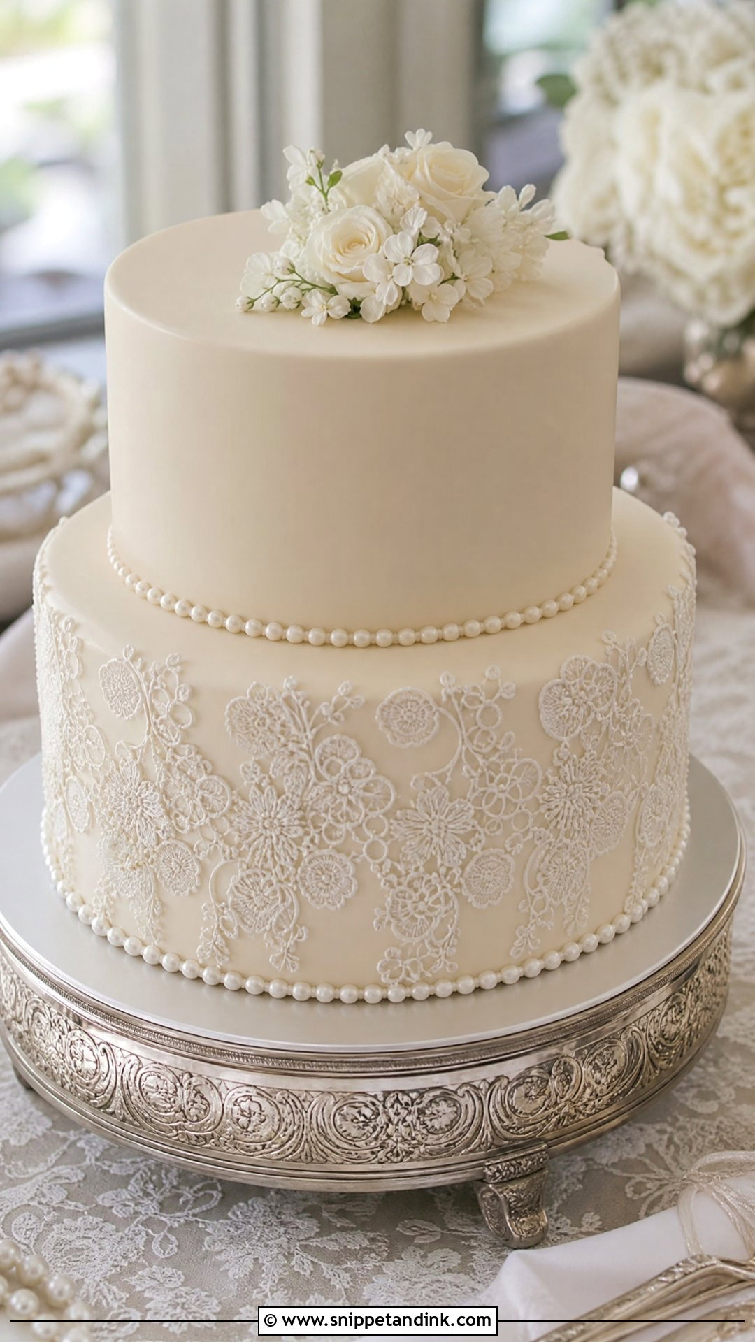 2 Tier Wedding Cake With Lace - Snippet and Ink - 20 Simple Classy 2 Tier Wedding Cake Ideas