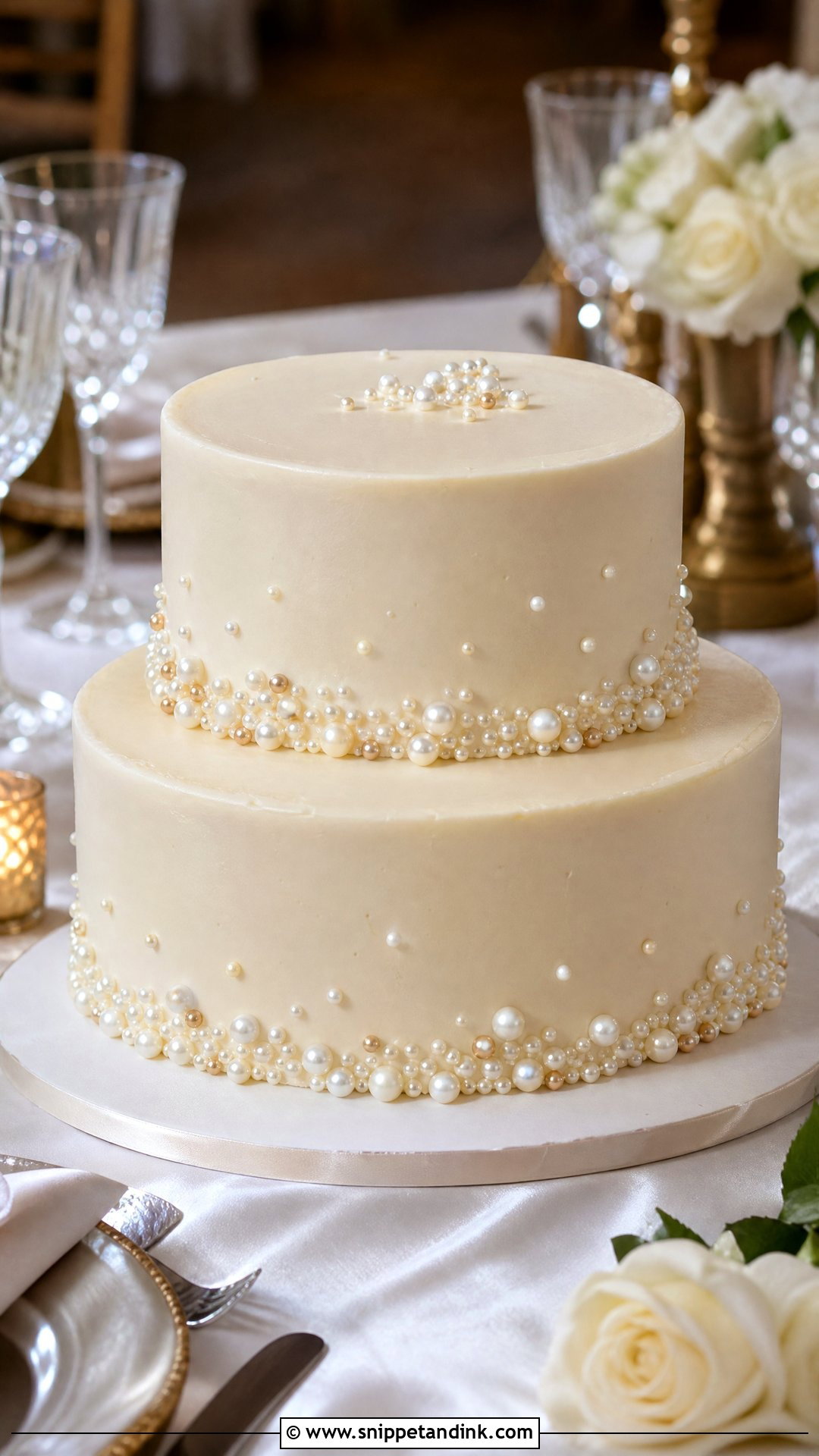 2 Tier Wedding Cake With Pearls - Snippet and Ink - 20 Simple Classy 2 Tier Wedding Cake Ideas