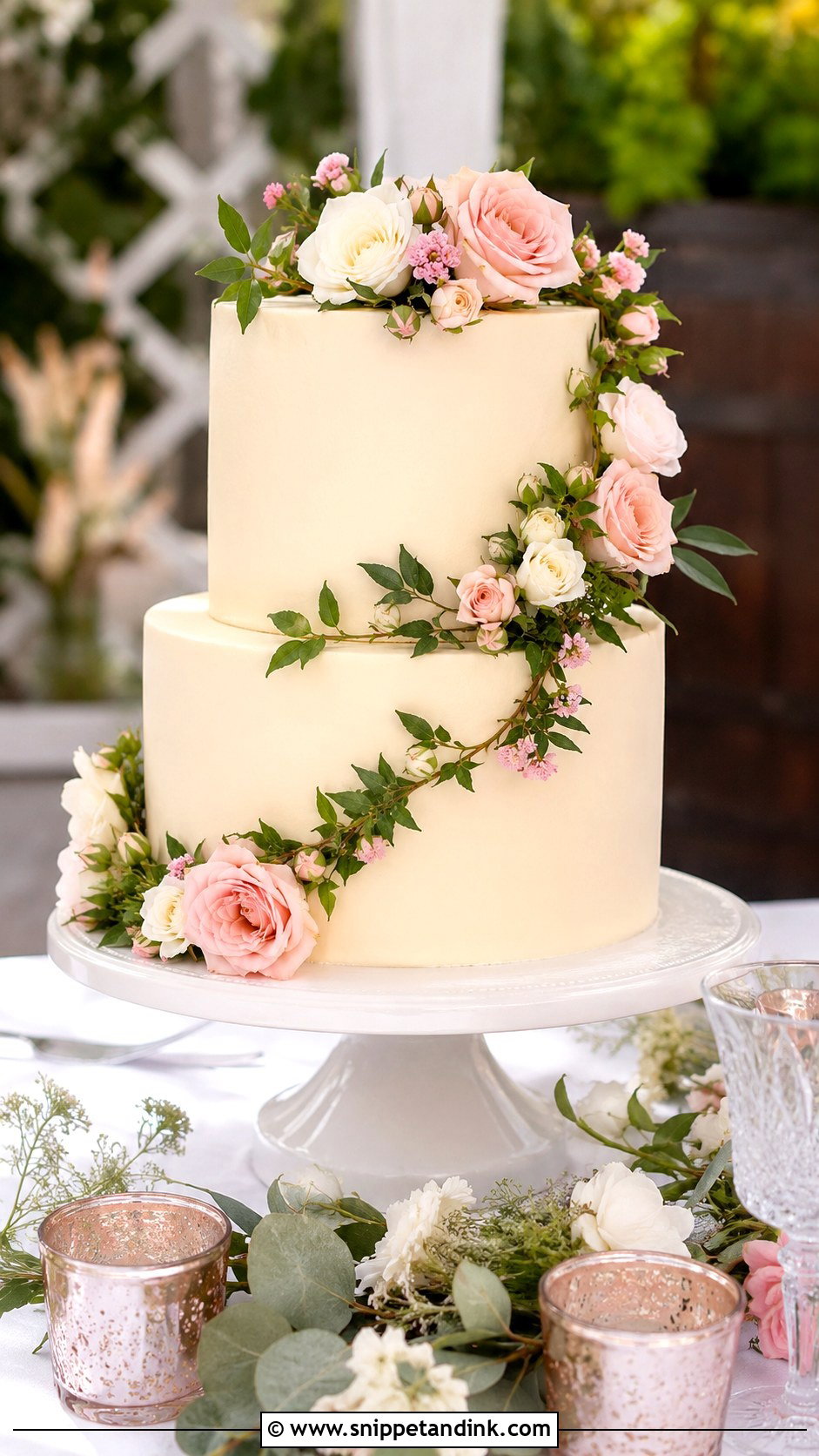 2 Tier Wedding Cake With Rose Garland - Snippet and Ink - 20 2 Tier Wedding Cake Ideas with Roses