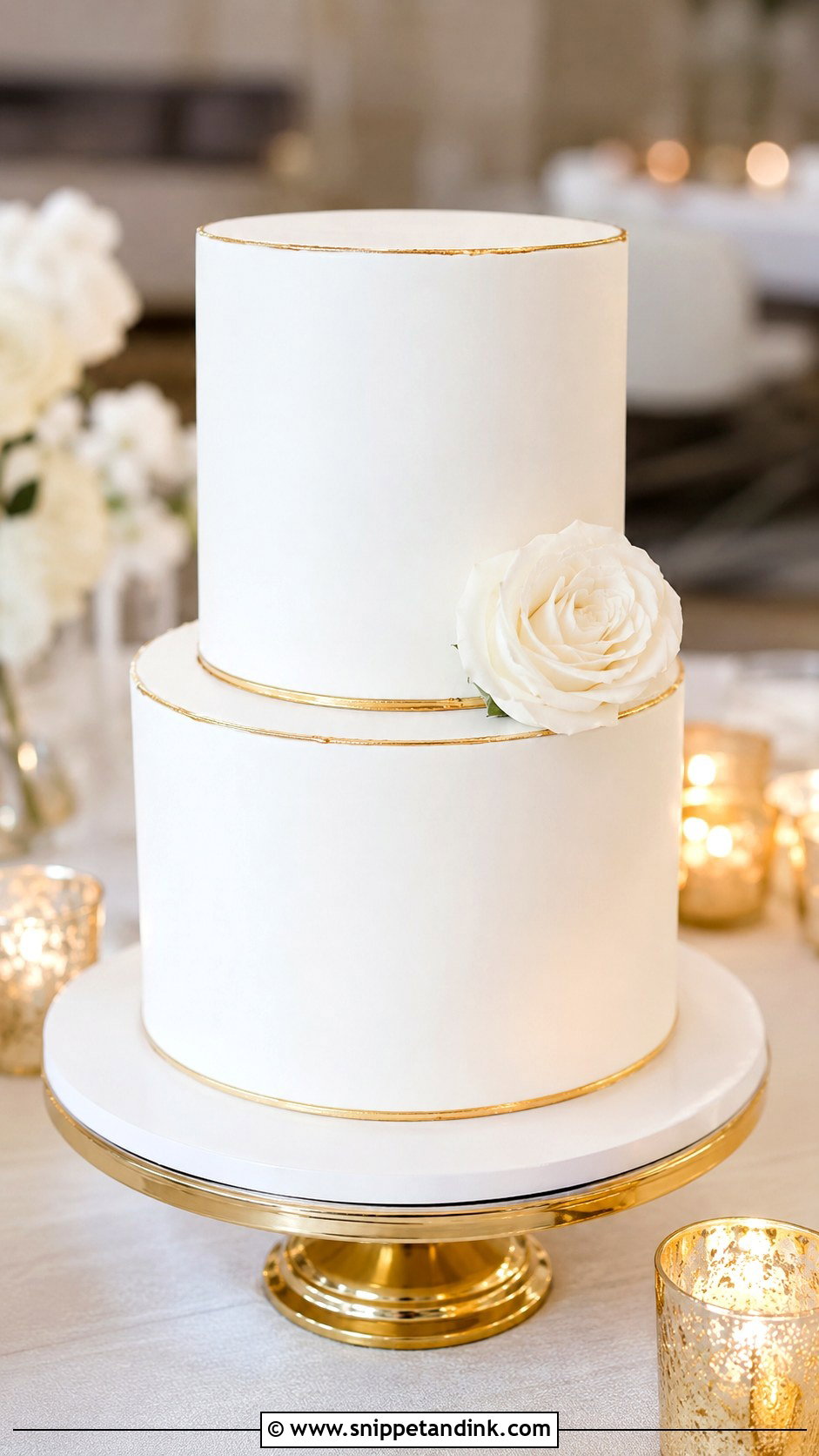 2 Tier White And Gold Wedding Cake - Snippet and Ink - 30 2 Tier Minimalist Wedding Cake Ideas