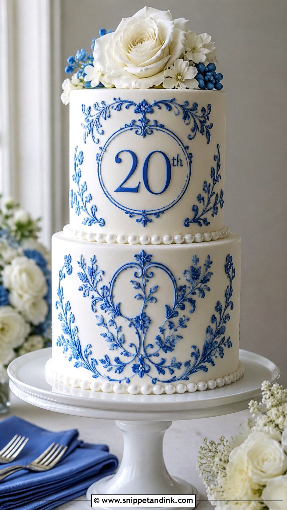 20th Anniversary Blue And White Cake - Snippet and Ink - 20 20th Wedding Anniversary Cake Ideas