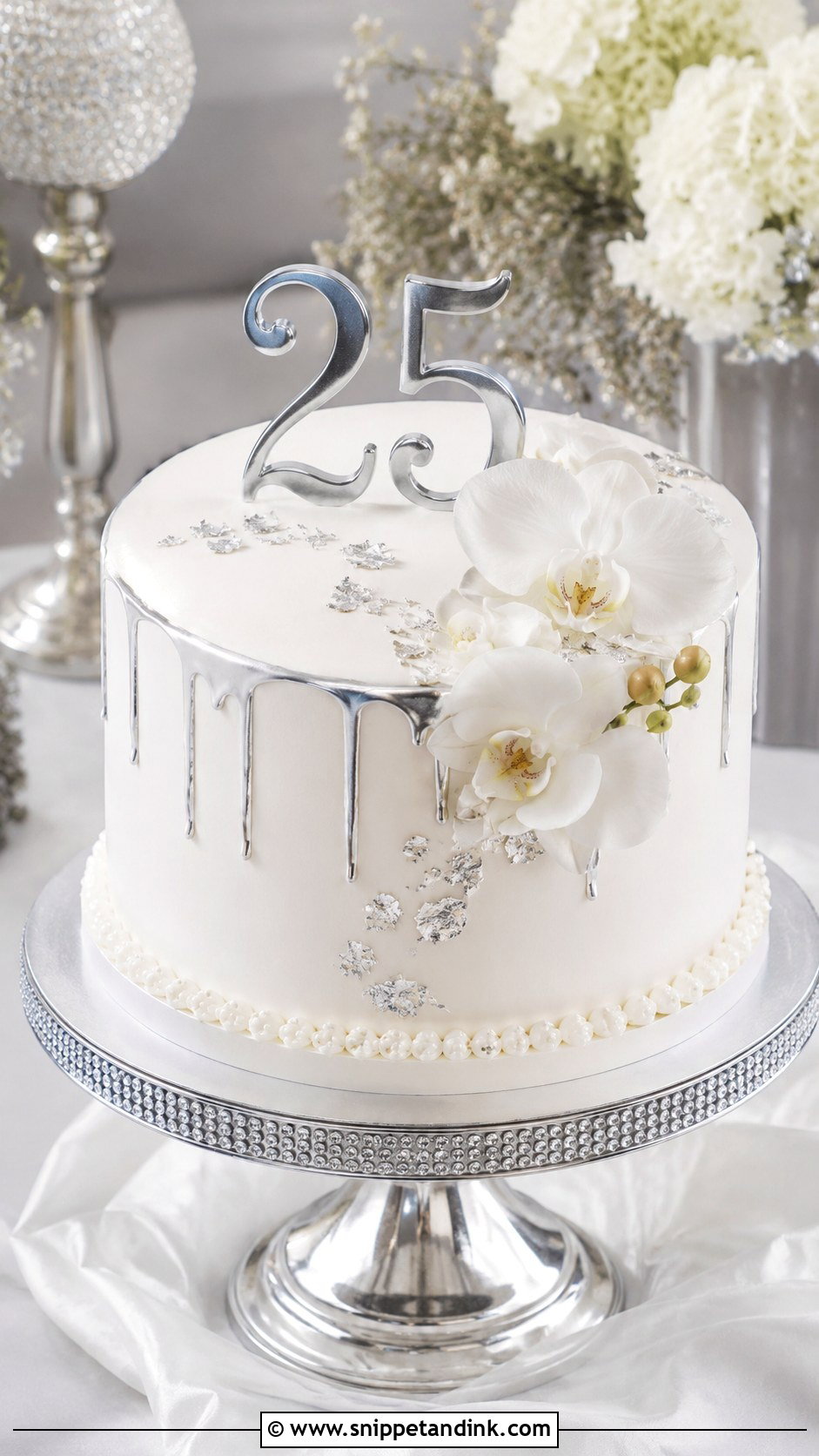 25th Anniversary White And Silver Cake - Snippet and Ink - 20 25th Anniversary Cake Designs