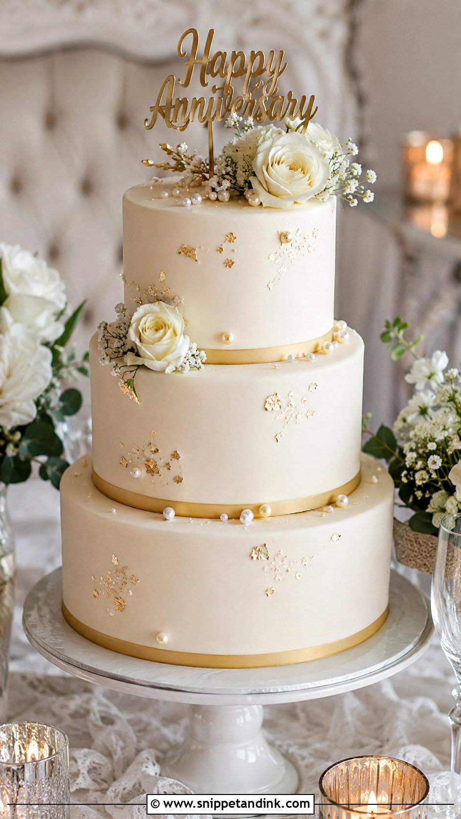 3 Tier Anniversary Cake With Gold Accents - Snippet and Ink - 20 3 Tier Anniversary Cake Ideas