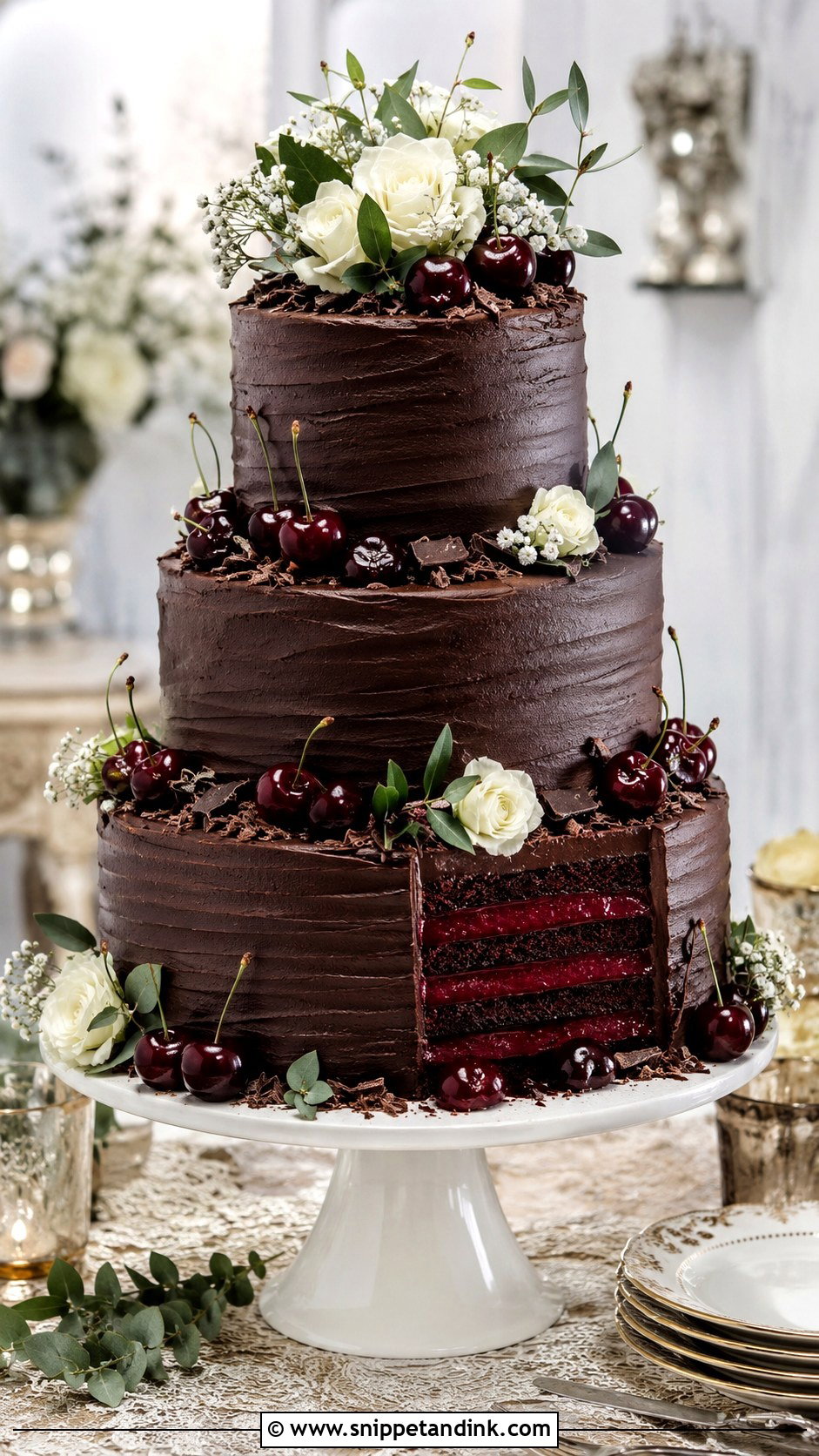 3 Tier Chocolate Cherry Wedding Cake - Snippet and Ink - 20 3 Tier Chocolate Cake Ideas for Wedding