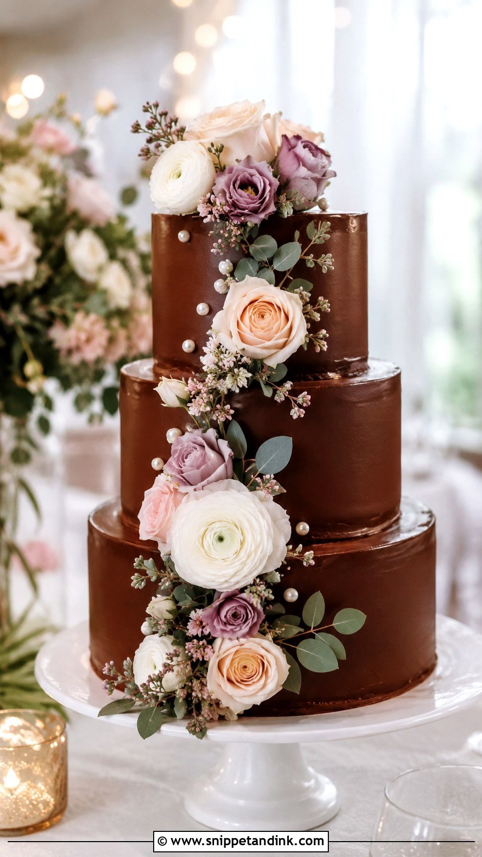 3 Tier Chocolate Floral Wedding Cake - Snippet and Ink - 20 3 Tier Chocolate Cake Ideas for Wedding