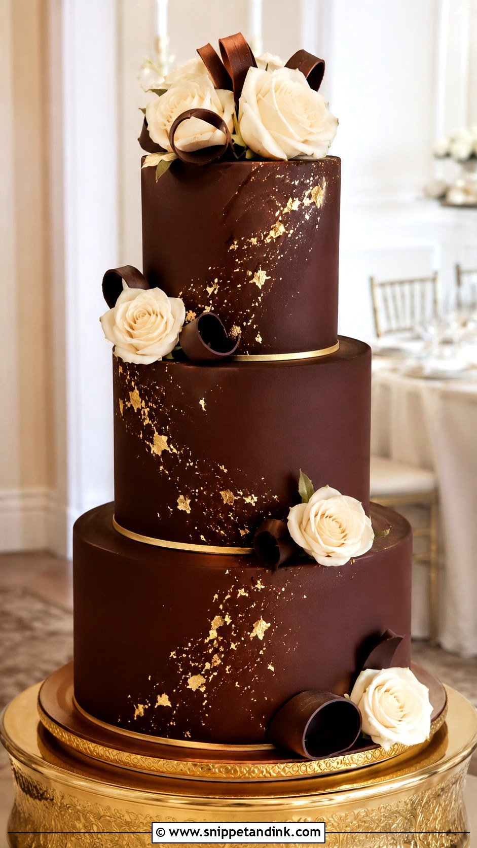 3 Tier Chocolate Gold Wedding Cake - Snippet and Ink - 20 3 Tier Chocolate Cake Ideas for Wedding