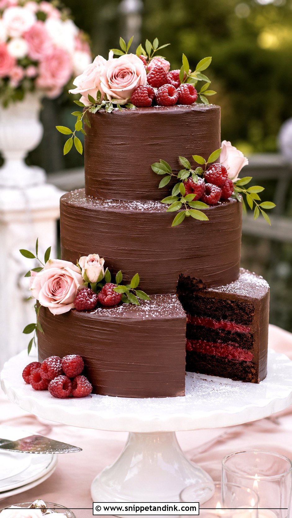 3 Tier Chocolate Raspberry Wedding Cake - Snippet and Ink - 20 3 Tier Chocolate Cake Ideas for Wedding