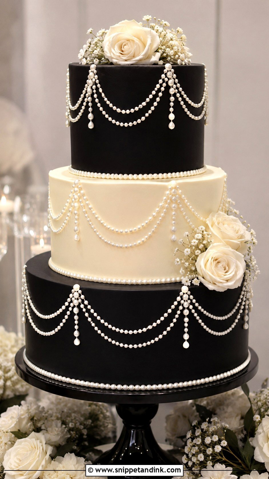 3 Tier Pearl Wedding Cake With Black - Snippet and Ink - 20 3 Tier Pearl Wedding Cake Ideas