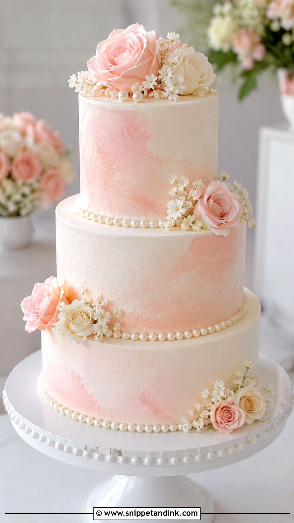 3 Tier Pearl Wedding Cake With Blush - Snippet and Ink - 20 3 Tier Pearl Wedding Cake Ideas