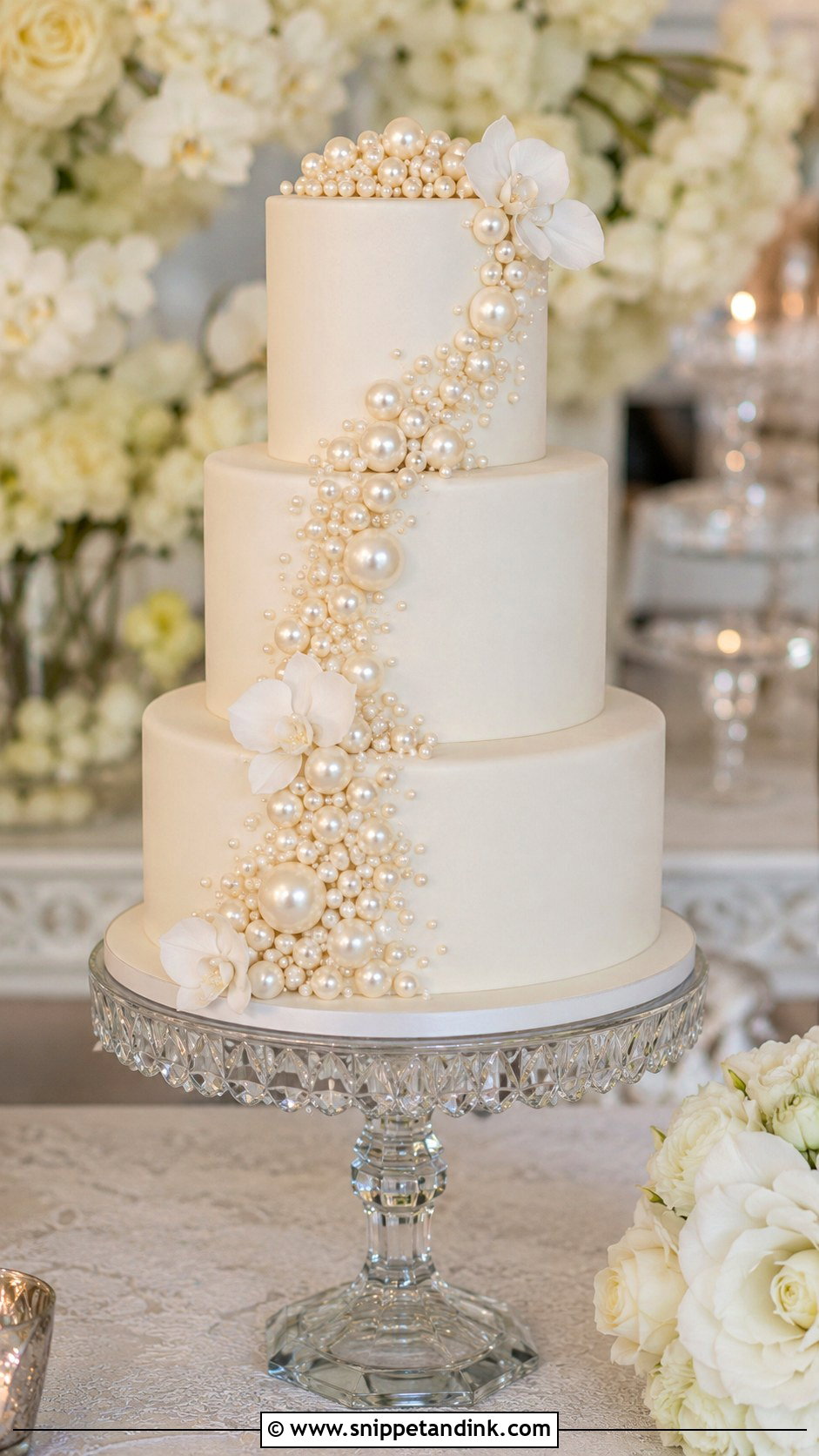 3 Tier Pearl Wedding Cake With Cascading Pearls - Snippet and Ink - 20 3 Tier Pearl Wedding Cake Ideas