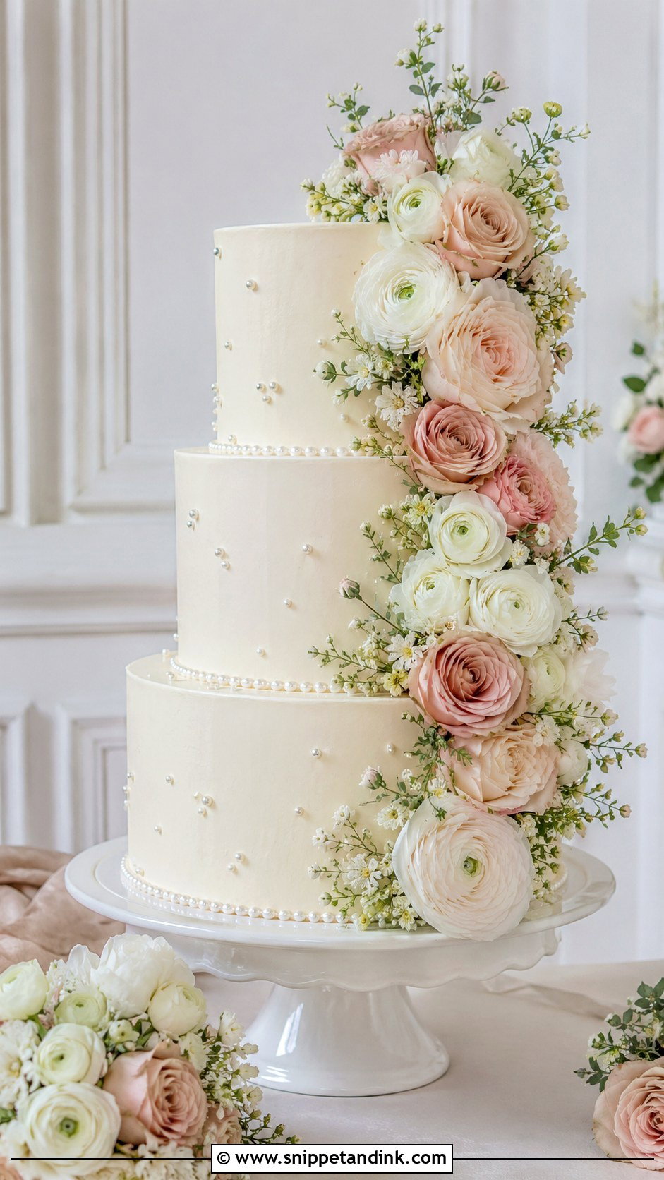 3 Tier Pearl Wedding Cake With Flowers - Snippet and Ink - 20 3 Tier Pearl Wedding Cake Ideas