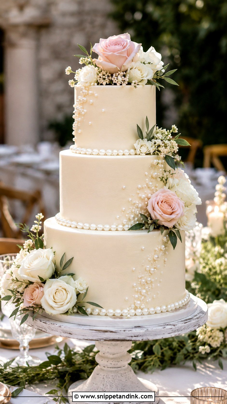 3 Tier Pearl Wedding Cake With Fresh Flowers - Snippet and Ink - 20 3 Tier Pearl Wedding Cake Ideas