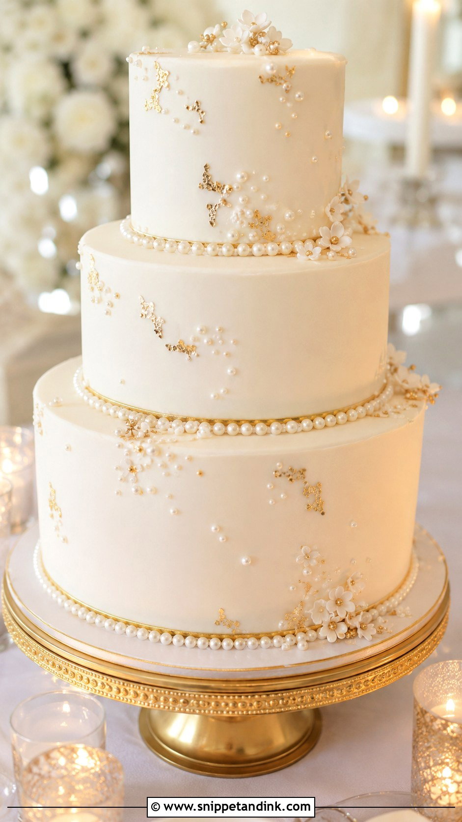3 Tier Pearl Wedding Cake With Gold - Snippet and Ink - 20 3 Tier Pearl Wedding Cake Ideas