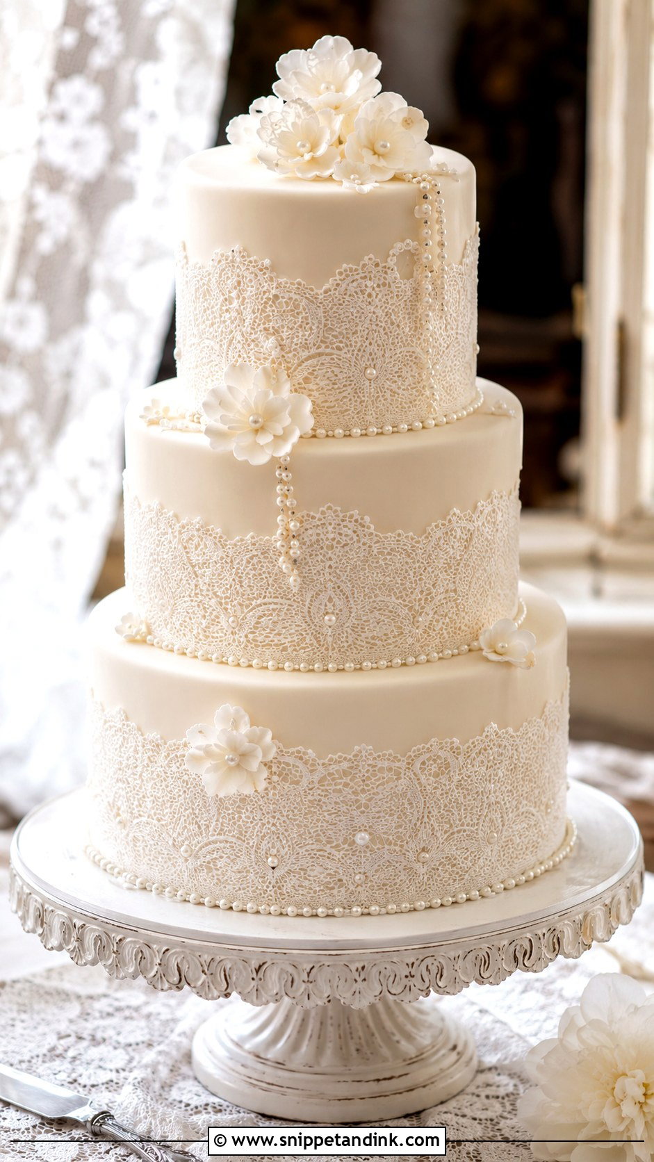 3 Tier Pearl Wedding Cake With Lace - Snippet and Ink - 20 3 Tier Pearl Wedding Cake Ideas