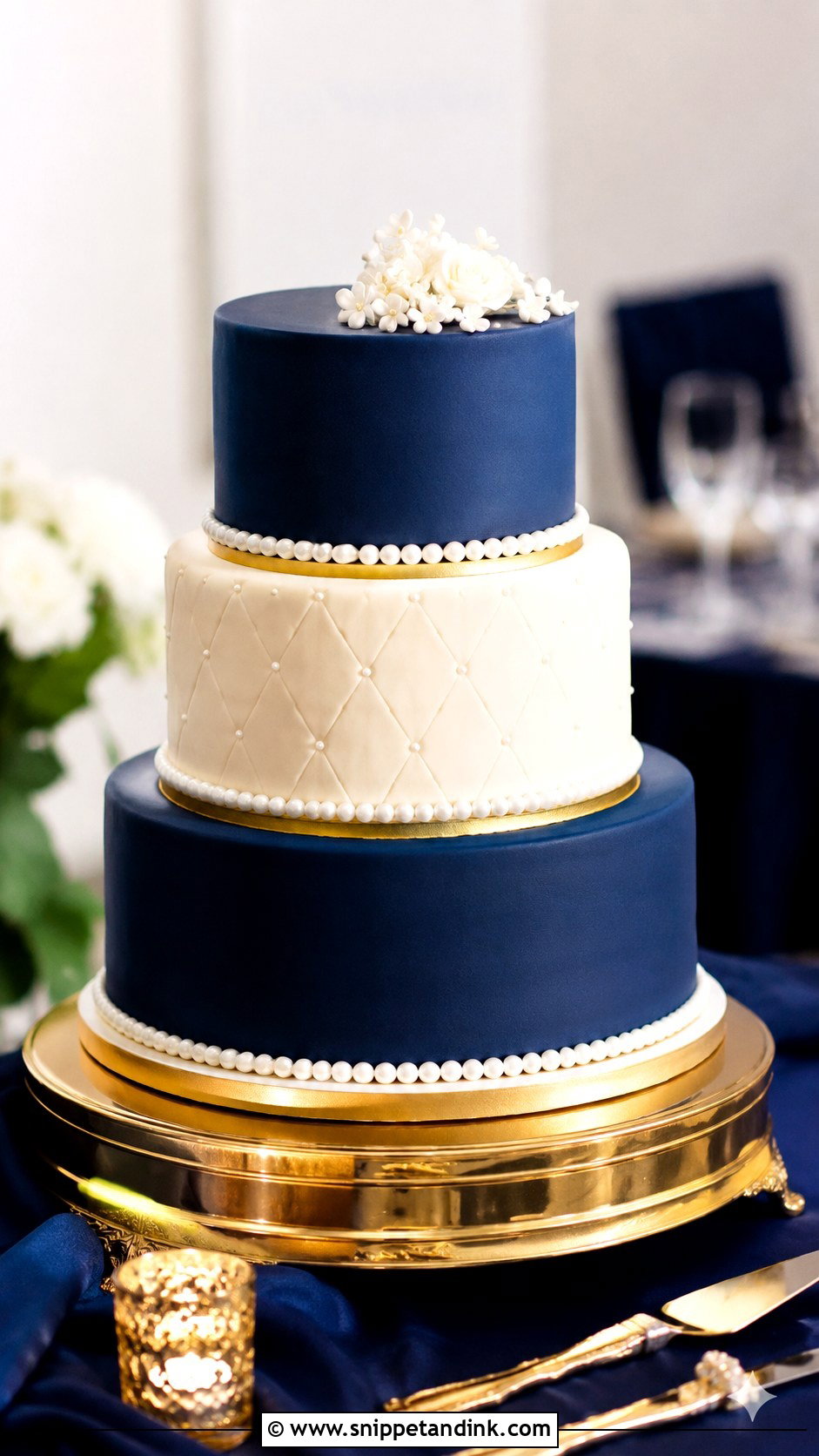 3 Tier Pearl Wedding Cake With Navy - Snippet and Ink - 20 3 Tier Pearl Wedding Cake Ideas