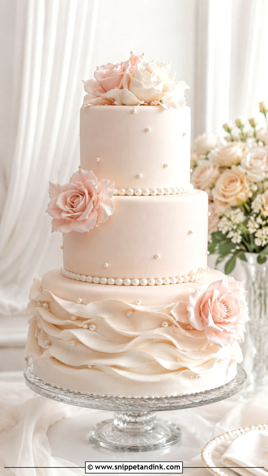 3 Tier Pearl Wedding Cake With Ruffles - Snippet and Ink - 20 3 Tier Pearl Wedding Cake Ideas